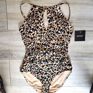Ellen Tracy High neck women's leopard animal print keyhole cutout swimsuit sz 8